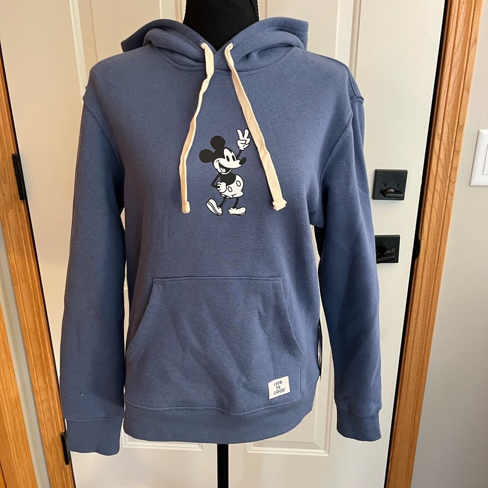 New women’s Life Is Good Disney Mickey Mouse blue pull over hoodie. Size small - Picture 1 of 15